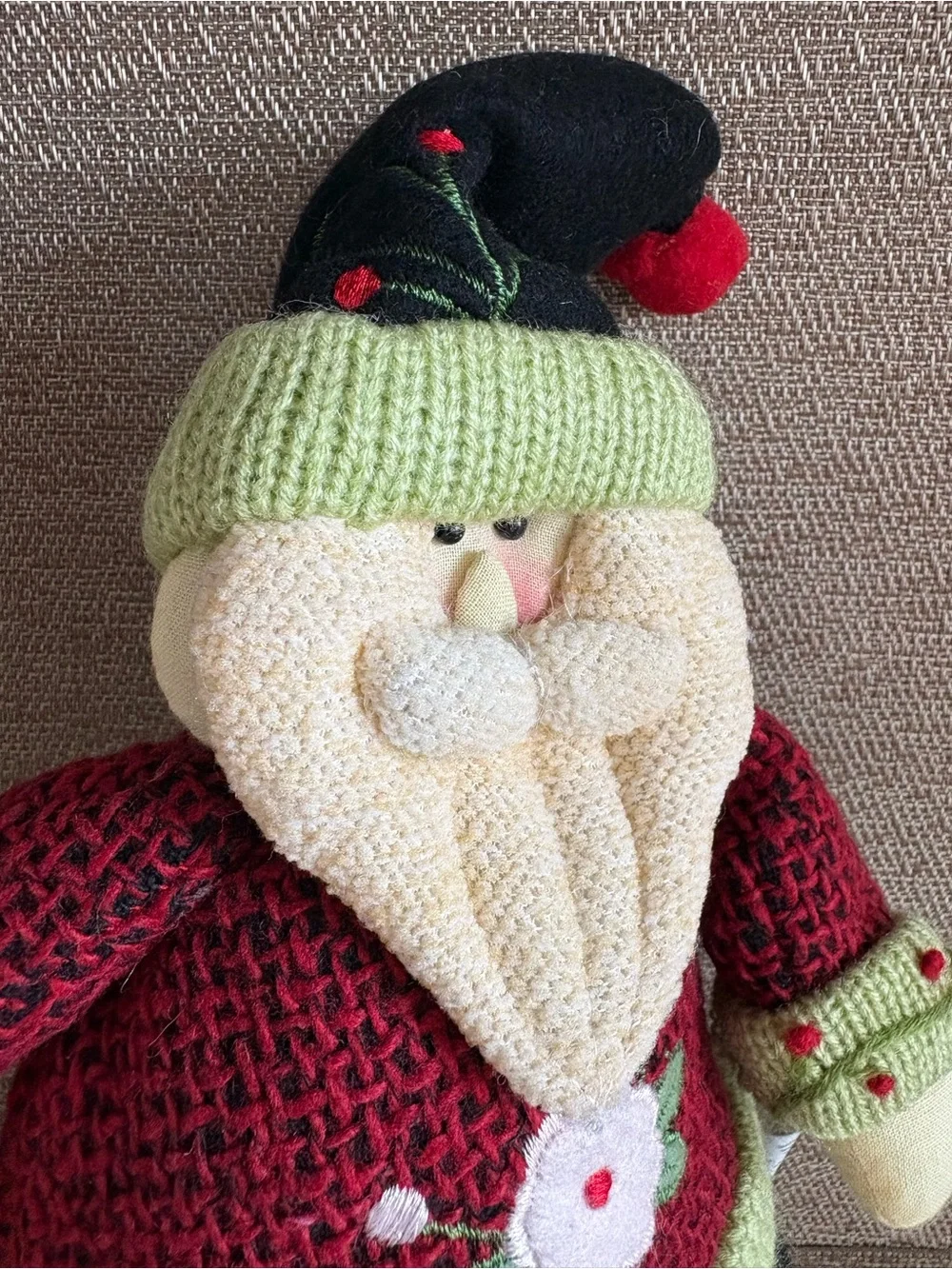 Plush Santa Claus Shelf Sitter Figurine Knit Sweater Embroidered Bird Christmas
